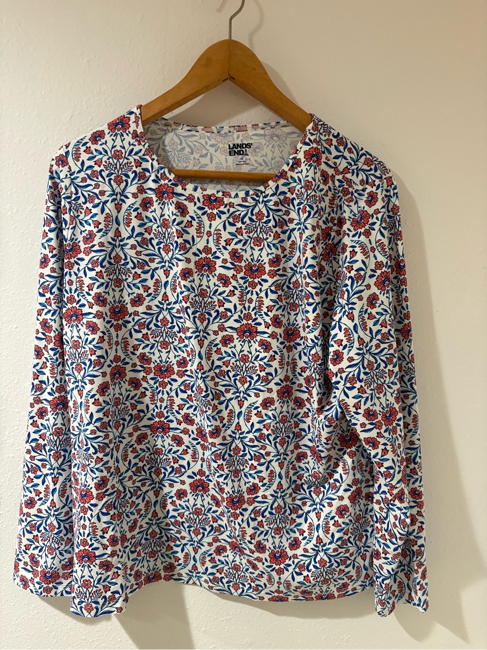 Lands' End Floral Long-Sleeve Tee in White with Red & Blue